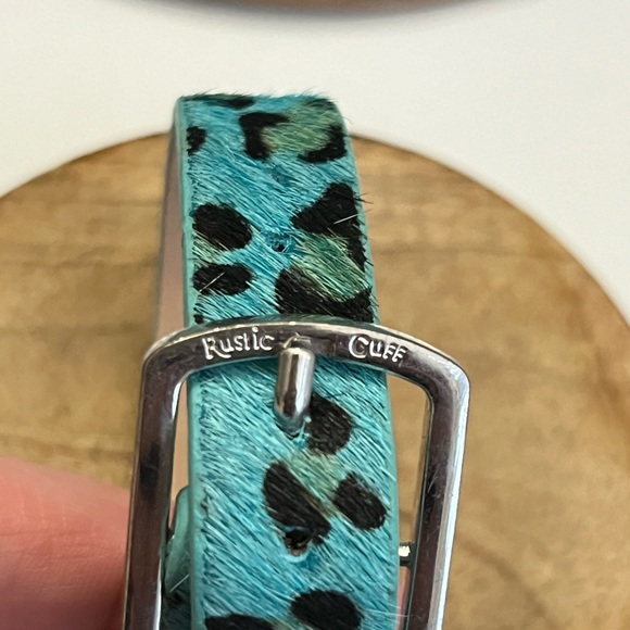Rustic Cuff KACY Turquoise Leopard Print LeatherCalfskin Silver Buckle Bracelet - Picture 4 of 5